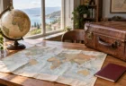 机の上に広げられた世界地図と地球儀、パスポートとスーツケース