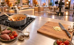 料理番組のキッチンスタジオの調理台。右にまな板と包丁と刻んだニンニク、左にコンロの鍋と秋の食材