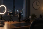 深夜の部屋の机に置かれたリングライトとウェブカメラ、マイク。壁の時計は午前3時を指している