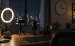 深夜の部屋の机に置かれたリングライトとウェブカメラ、マイク。壁の時計は午前3時を指している