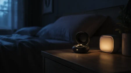 深夜の寝室、ナイトテーブルの上でスマートリング型デバイスの充電ケースと小さなライトが淡く光る、人物のいない静かな部屋
