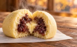 湯気の立つホットケーキ風の蒸しまんを割った断面から、つぶあんとバター色のフィリングがのぞく様子