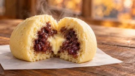 湯気の立つホットケーキ風の蒸しまんを割った断面から、つぶあんとバター色のフィリングがのぞく様子