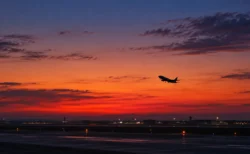 夕暮れの空港滑走路から離陸していく旅客機のシルエット