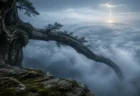 巨大な古木の枝が雲海の上に張り出し、霧の底へ落ち込んでいく幻想的な高所の情景