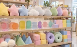 雑貨店の棚に並ぶぬいぐるみと景品の箱
