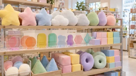 雑貨店の棚に並ぶぬいぐるみと景品の箱