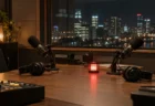 深夜のラジオスタジオに置かれた2本のマイクとオンエアランプ