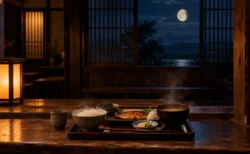 月明かりが差し込む夜の木造食堂のカウンターに置かれた湯気の立つ一人前の膳