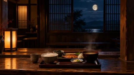 月明かりが差し込む夜の木造食堂のカウンターに置かれた湯気の立つ一人前の膳