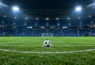 キックオフ前のナイターのサッカースタジアムとセンターサークルのボール