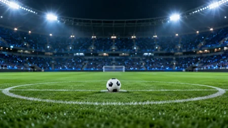 キックオフ前のナイターのサッカースタジアムとセンターサークルのボール