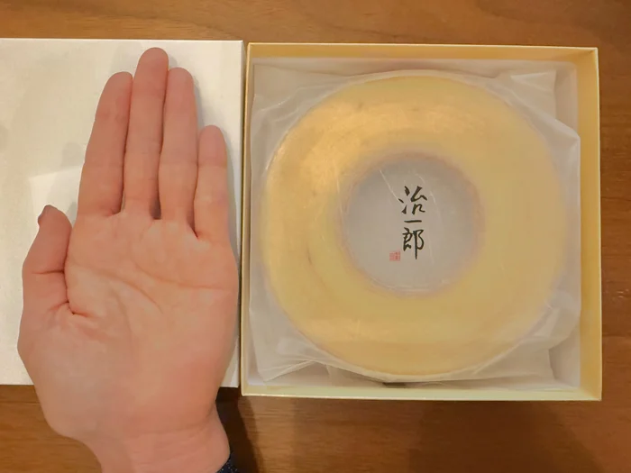 手のひらと並べた箱入りのバウムクーヘン