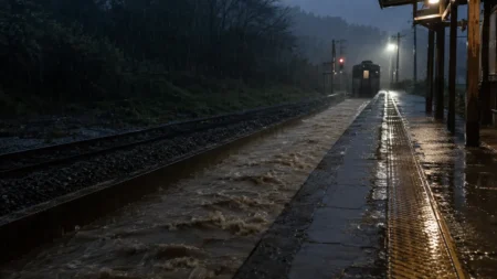夜明け前の無人のローカル線ホームに激しい雨が降り注ぎ、線路脇が増水している様子