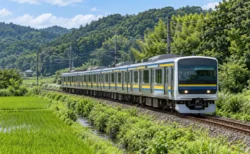 青と黄色の帯を配した通勤形電車が房総の緑豊かな沿線を走る情景