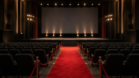 映画館のレッドカーペットと舞台挨拶用のステージ照明、無人の客席
