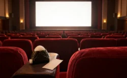 上映前の映画館の赤い客席。肘掛けに海苔を巻いたおにぎりと無地の半券