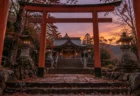 夕暮れの神社の境内。朱色の鳥居越しに見える木造の社殿と石灯籠、落ち葉の積もった石段