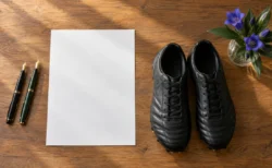 木の机を真上から写した写真。万年筆2本と白い便箋、黒いサッカースパイク、りんどうを生けた花瓶
