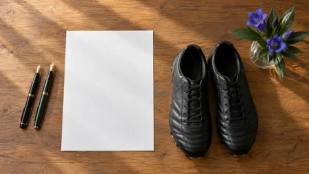 木の机を真上から写した写真。万年筆2本と白い便箋、黒いサッカースパイク、りんどうを生けた花瓶