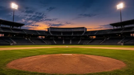 夕暮れのナイター照明に照らされた無人のプロ野球場のマウンド