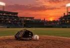 夕暮れの無人の野球場。マウンドの上にグラブと白い野球ボールが置かれている
