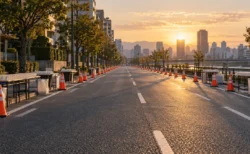 朝の光が差す市街地の道路に置かれた競歩のコーンと給水テーブル