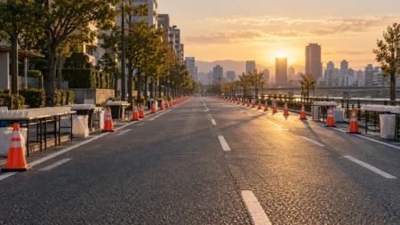 朝の光が差す市街地の道路に置かれた競歩のコーンと給水テーブル