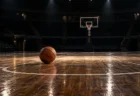照明を落とした無人のバスケットボールアリーナ。木製フロアにボールが1個だけ置かれている