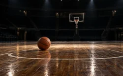 照明を落とした無人のバスケットボールアリーナ。木製フロアにボールが1個だけ置かれている