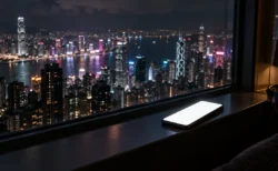 夜の大都市を見下ろす窓辺に置かれた、画面が光るスマートフォン