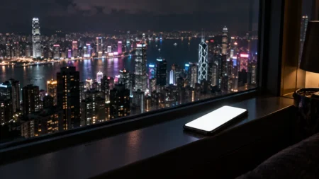 夜の大都市を見下ろす窓辺に置かれた、画面が光るスマートフォン