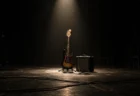 スポットライトに照らされた無人のライブステージに立てかけられたエレキベース