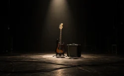 スポットライトに照らされた無人のライブステージに立てかけられたエレキベース