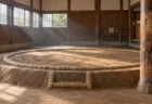 朝の相撲部屋の稽古場、土俵と鉄砲柱