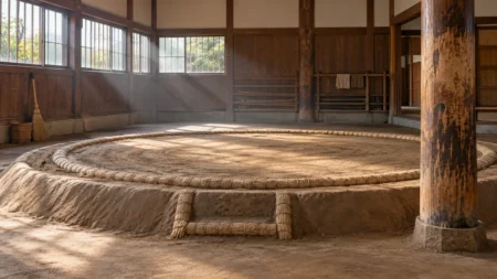 朝の相撲部屋の稽古場、土俵と鉄砲柱