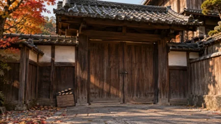 秋の午後の光が差す木造の撮影所の入口と閉じた引き戸