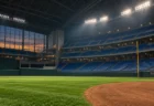 夕暮れの屋内野球場を外野側から見上げた構図。無人のブルーのスタンドとナイター照明、芝と土