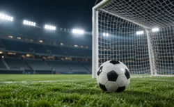 ナイター照明に照らされた無人のサッカースタジアム。ゴール前の芝の上にサッカーボールが置かれている