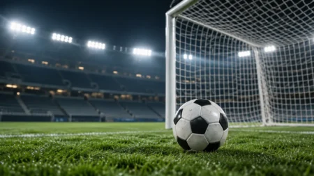 ナイター照明に照らされた無人のサッカースタジアム。ゴール前の芝の上にサッカーボールが置かれている