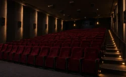 サラウンドスピーカーが並ぶ無人の映画館シアターの客席