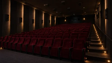 サラウンドスピーカーが並ぶ無人の映画館シアターの客席