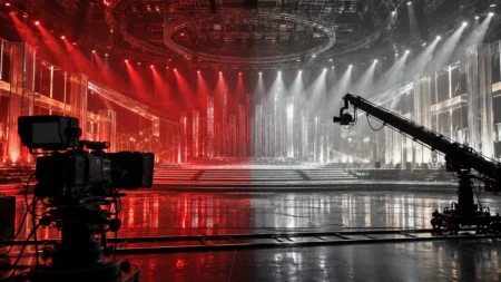 赤と白の照明に分かれた無人の音楽番組ステージとテレビカメラ