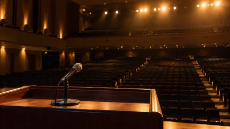 演説会場の演台に置かれたマイクと、客席に向けて照らされたライトの写実的な風景