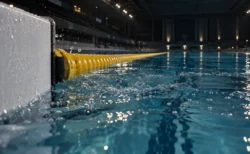 屋内プールのゴール板とレーンロープを水面すれすれから写した写真。水面が波立ち気泡が散っている