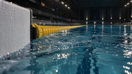 屋内プールのゴール板とレーンロープを水面すれすれから写した写真。水面が波立ち気泡が散っている