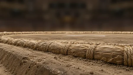 相撲の土俵の俵と土の表面のクローズアップ。背景はぼけた無人の観客席