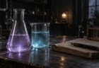 薄暗い研究室のデスクで淡く発光するフラスコとビーカー