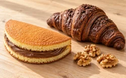木のテーブルに置かれたチョコレートクリームの洋菓子とチョコクロワッサン、くるみ