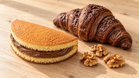 木のテーブルに置かれたチョコレートクリームの洋菓子とチョコクロワッサン、くるみ